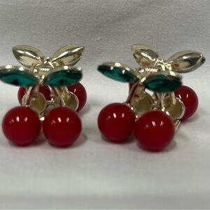 Cherry Hair Clips Gold and Green Accents